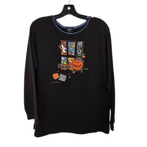 Vtg Halloween Embroidered Top Womens MED Black Ghost Pumpkin‎ Spider Scarecrow